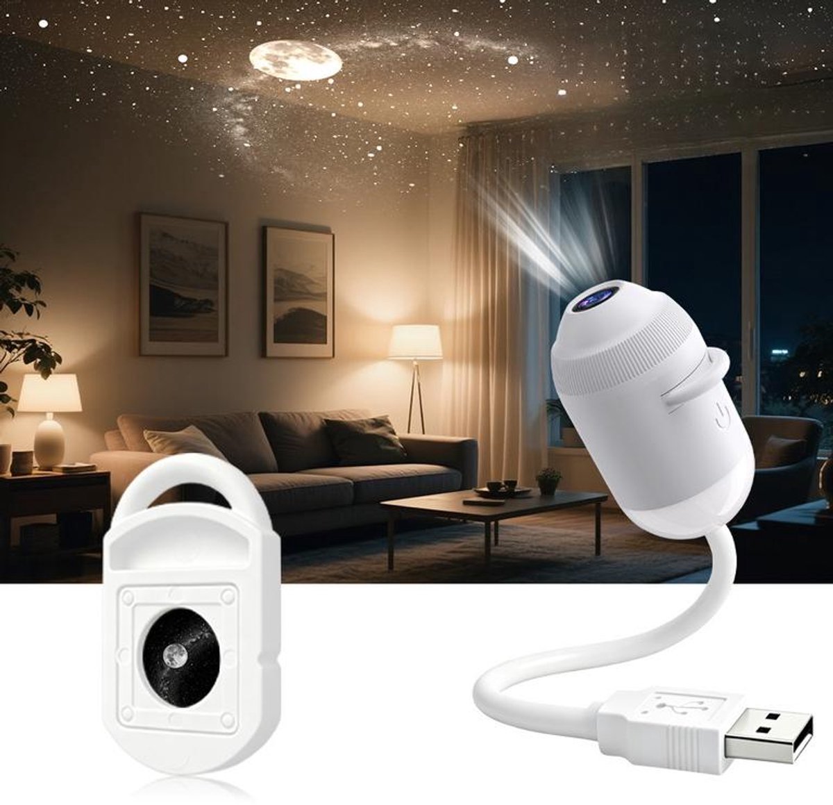 KZQ 2-in-1 Projector Nachtlampje - 360° Draaibaar en Dimbaar - Met Schuifbare Projectiefilm - USB High-Definition LED Sterrenhemel Projector - Decoratief Sfeerlicht voor Slaapkamer, Autoplafond