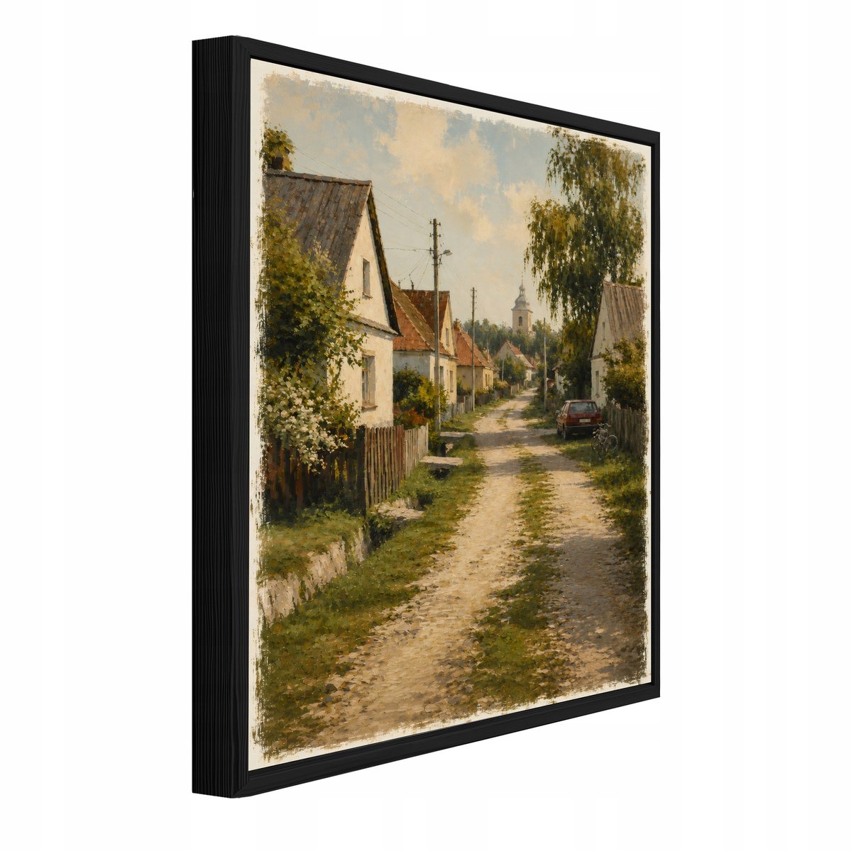 WALLARENA Schilderij op canvas met zwarte lijst - 40x30 cm - landelijk dorpslandschap in vintage stijl - voor slaapkamer en woonkamer Beige