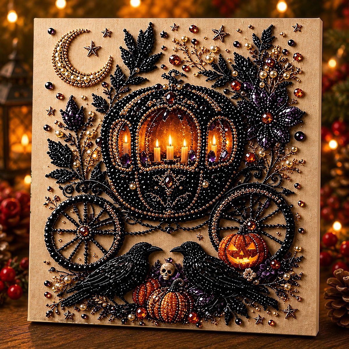 Halloween Pompoenkoets Parel Kunst DIY-set – griezelig schattige 3D-diamantschilderij, herfstdecoratie voor aan de muur, knutselpakket voor volwassenen en beginners