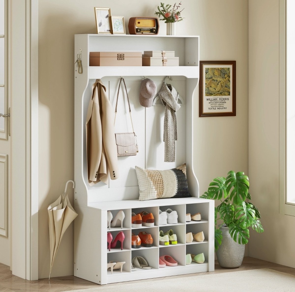 REDOM - Garderobe met schoenenkast - Open opbergvak en zitbank - 6 haken en 12 schoenvakken - Landelijke stijl - Hal - Hout, MDF en spaanplaat - Wit - 100 x 35 x 172,2 cm