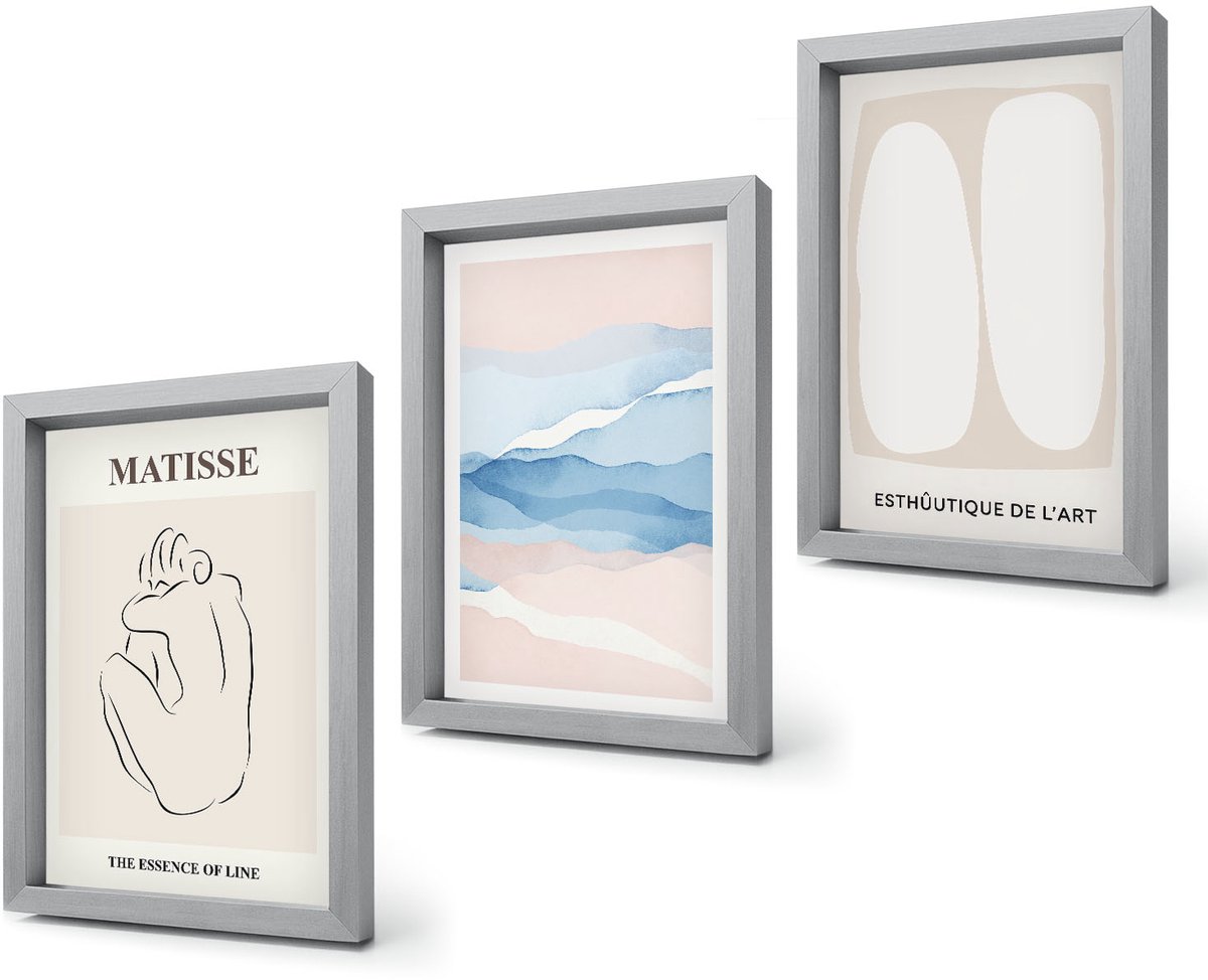 Coloray 4-Delige Schilderij Set - Abstracte vormen en delicate kleuren van Matisse - 20 x 30 cm - Stijlvolle Wanddecoratie - Interieur - Decoratieve Schilderijen Zilveren lijst