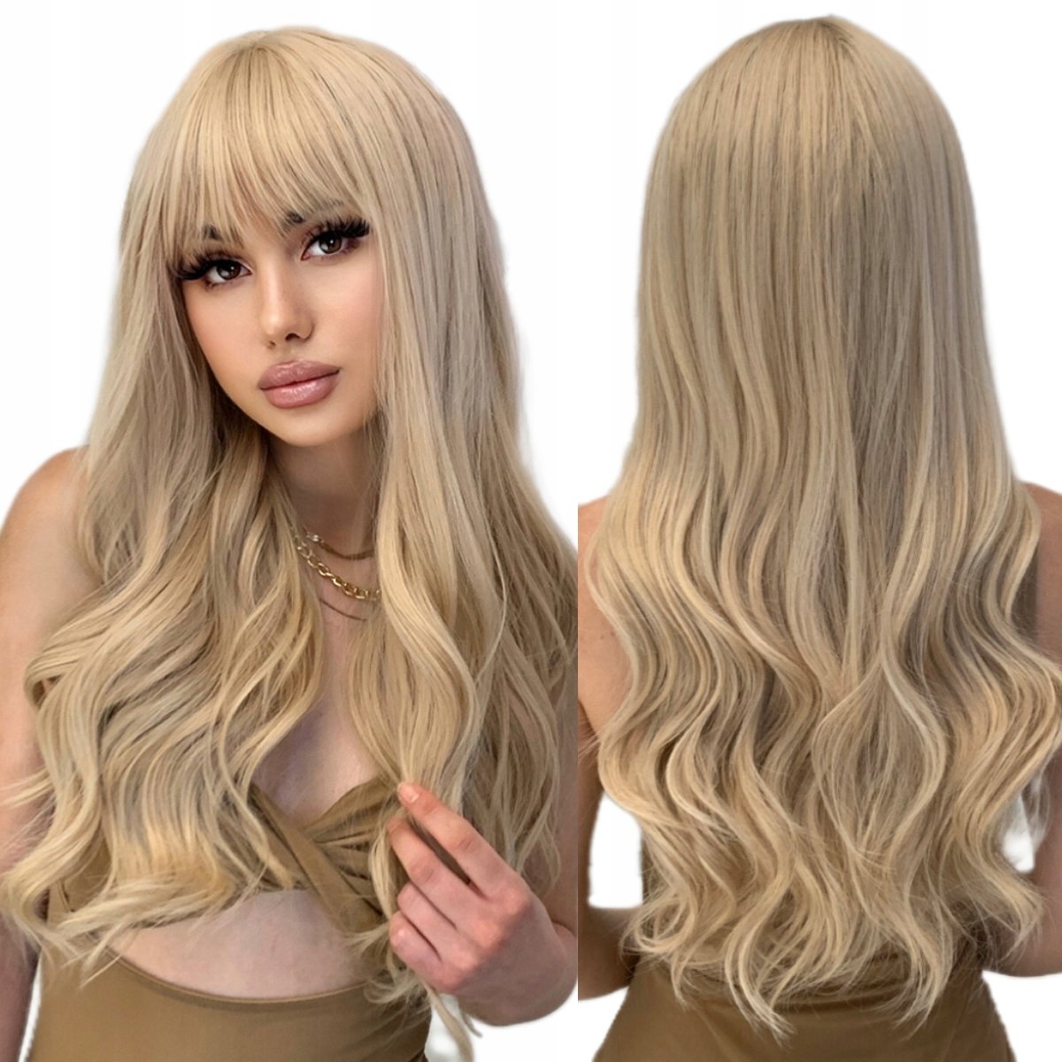 Damespruik Blond Lang Krullend Haar met Pony - 68cm