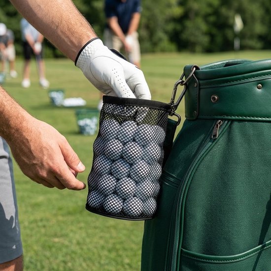 Zwarte golfbal tas groot voor 50 golfballen – netstof opberg tas met trekkoord – golf ballen draag tas – golf trainings materiaal en golf accessoires voor heren en dames — afbeelding 2