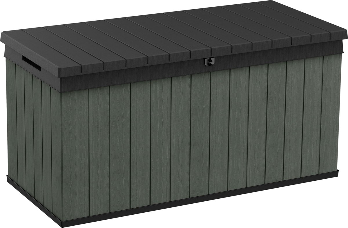 Famanu – Outdoor opbergdoos voor tuinmeubelen, 511L, groen, weerbestendig en onderhoudsvrij, met houtlook, 2 jaar garantie
