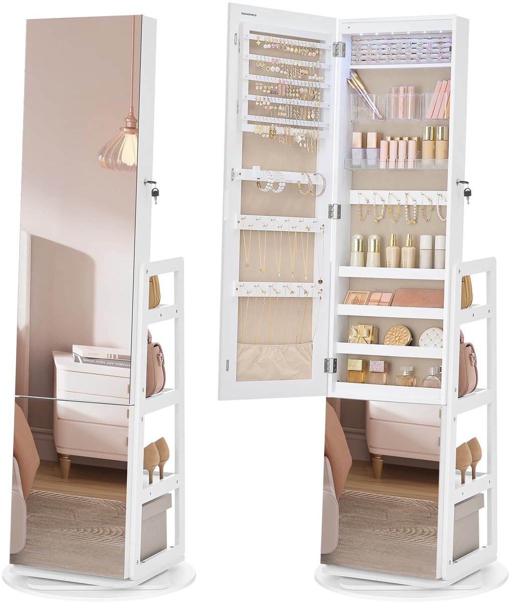 Famanu – Sieradenkast met lange spiegel en 4 planken, 360° draaibaar, perfect voor het organiseren van sieraden