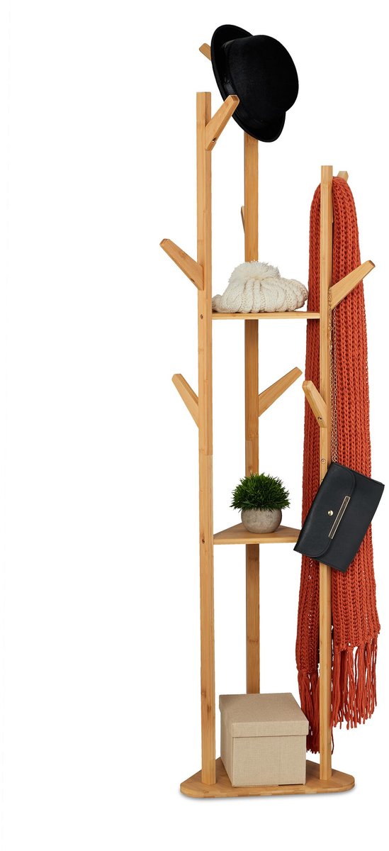 Famanu Staande kapstok in driehoekig ontwerp met 9 haken, bamboe met 2 planken, HxBxD: 168,5 x 47 x 47 cm, garderoberek in naturel
