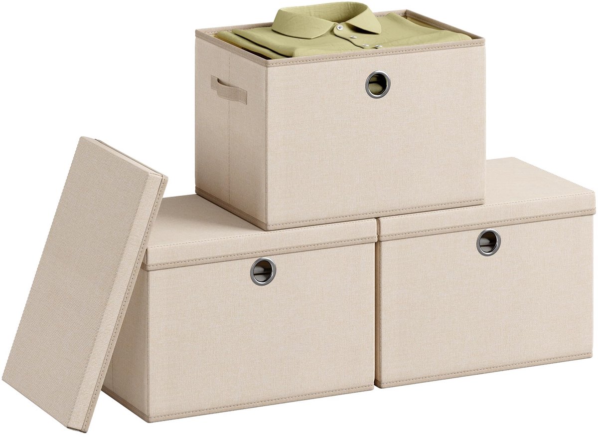 Famanu – Opbergdozen met deksels, set van 3, organizerdozen van geurloos PP, opvouwbaar en stapelbaar, 43 x 30 x 30 cm, zandbeige