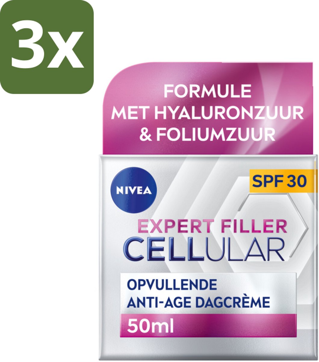 NIVEA - CELLular Expert Filler Dagcrème - Anti-Veroudering Gezichtscrème - SPF 30 - Met Hyaluronzuur, Creatine & Foliumzuur - 50 ml - Bulkverpakking - 3 stuks