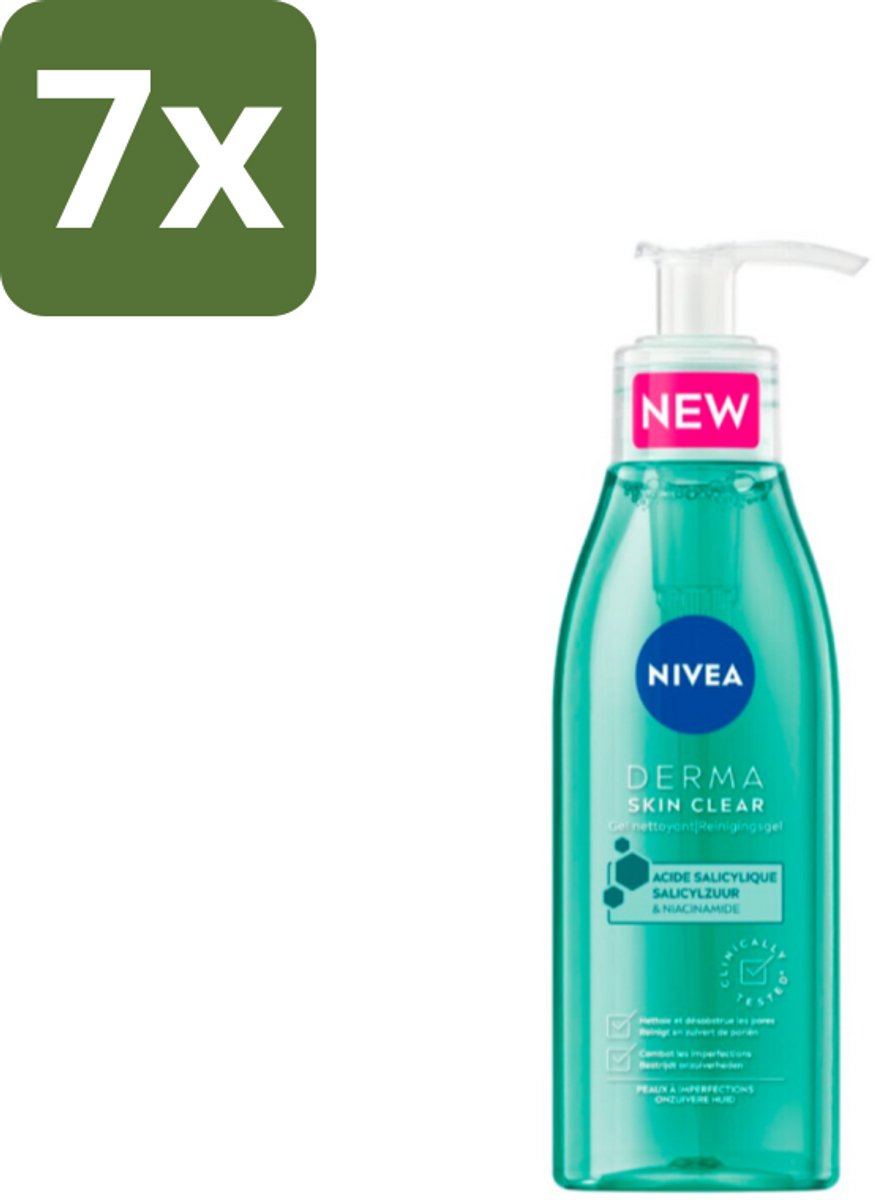 NIVEA - Reinigingsgel - DERMA Huidzuiver - Voor onzuivere huid - Met Salicylzuur (AHA) & Niacinamide - Tegen Acne & Mee-eters - 150 ml - Bulkverpakking - 7 stuks