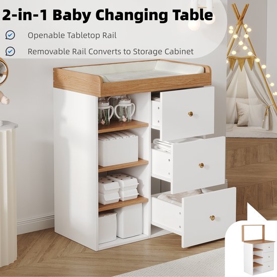 2-in-1 commode met afneembare rail, open lades met babybenodigdheden.