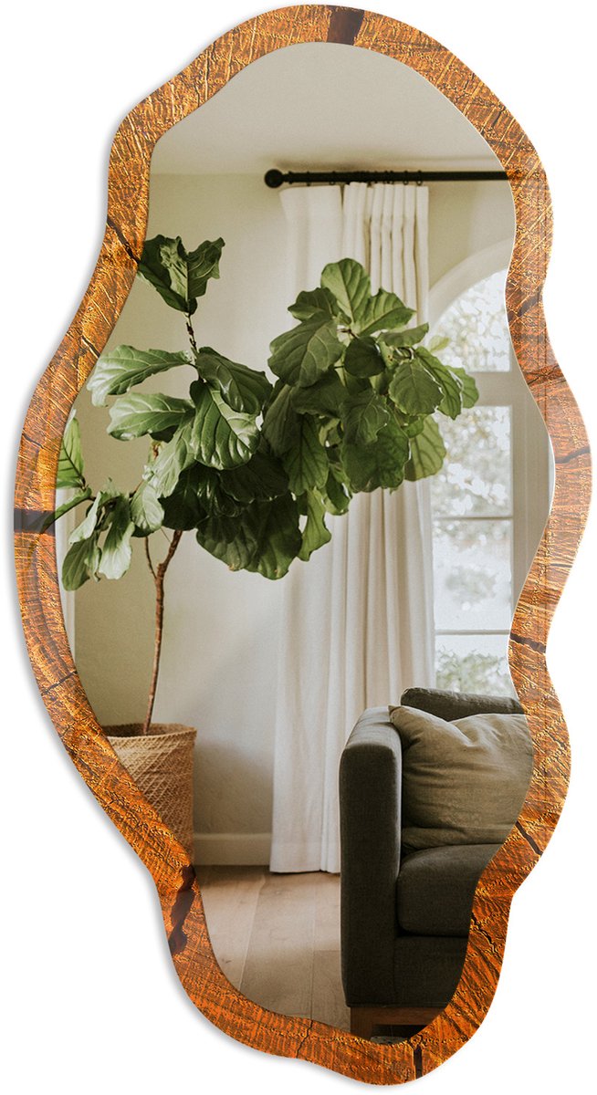 TULUP Houten Constructie Spiegel - Bruin Moderne Rechthoekige Wandspiegel - Organische Spiegel - Woonkamer, Kantoor, Slaapkamer - Rustiek - 45x90 cm - Totale afmeting 52x97 cm Houten StructuurMotief, Bruin