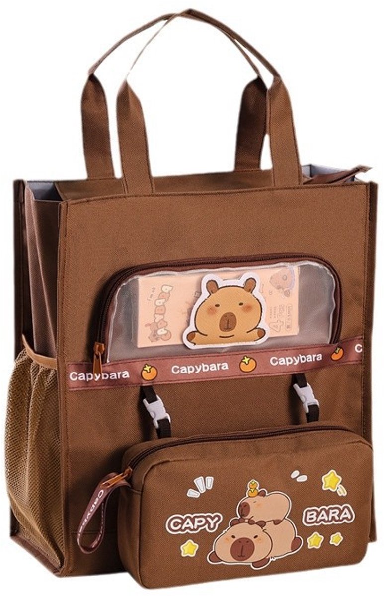 Leuke Capybara draagtas - Canvas draagtas - Praktische draagtas - Ontwerp met meerdere vakken - Groot compartiment - Donkerbruin