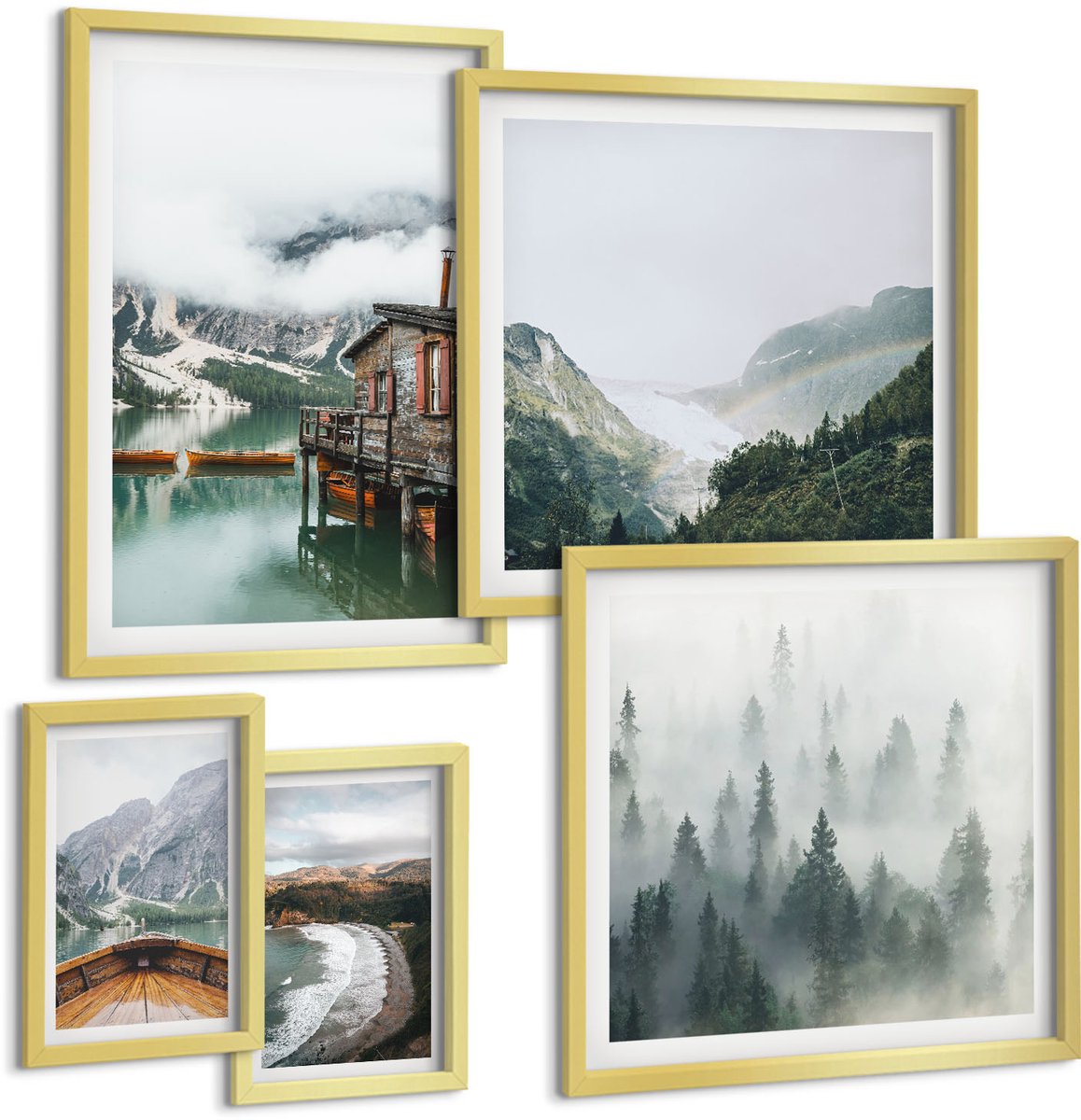 TULUP 5-Delige Schilderij Set - Berglandschappen met huisjes aan het water en in de bossen. - 50 x 50 cm, 20 x 30 cm en 40 x 60 cm - Schilderijen Set - Wanddecoratie - Woonkamer - Interieur Decoratie Gouden lijst