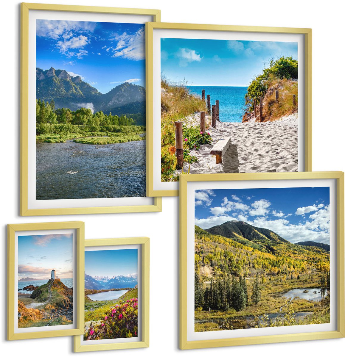 TULUP 5-Delige Schilderij Set - Natuurlandschappen met uitzicht op bergen en stranden - 50 x 50 cm, 20 x 30 cm en 40 x 60 cm - Muurdecoratie - Decoratieve Schilderijen - Wohnzimmer - Woonkamer Decoratie Gouden lijst