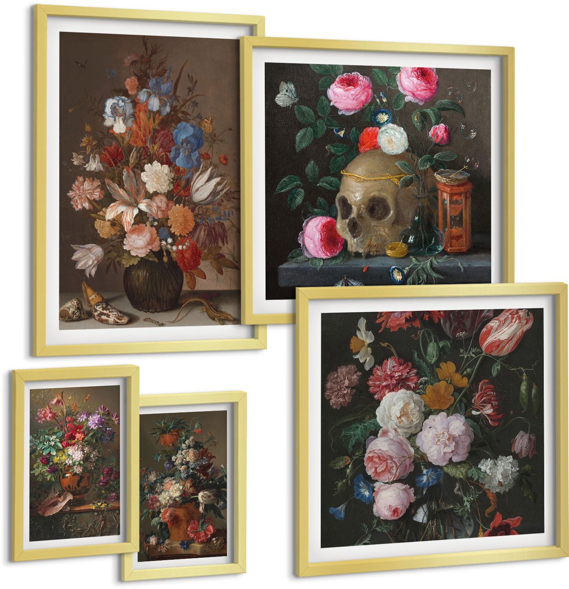 TULUP 5-Delige Schilderij Set - Bloemstukken in klassieke stijl met stillevens - 50 x 50 cm, 20 x 30 cm en 40 x 60 cm - Wanddecoratie - Muurdecoratie - Moderne Interieurdecoratie - Moderne Wanddecoratie Gouden lijst