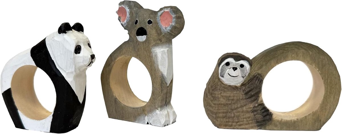 Napkin rings - Hand carved - Animal design - Koala, Panda, Sloth - Set of 3 - Made of wood - Hand painted - ShopVlot