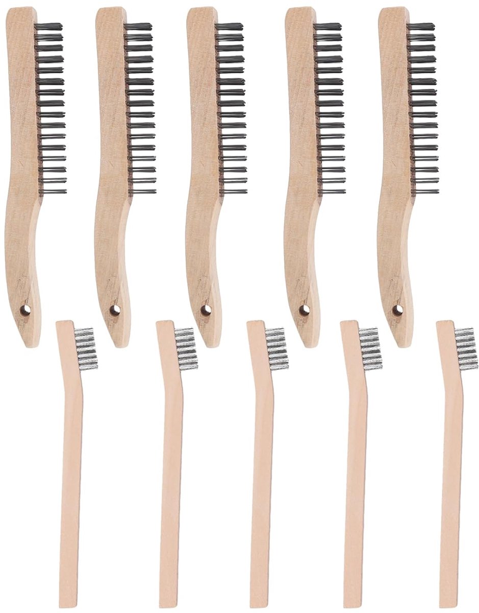 10 Pcs Wire Brush Set, Wooden Handle, Wire Brush and Stainless Steel Brush, Small, Steel Brush for Cleaning - ShopVlot