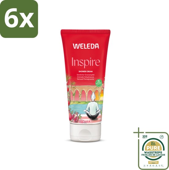 6x Weleda Inspire douchecrème met granaatappel. Rode tube met afbeelding van een mozaïekboog, zwembad en mediterende persoon. 200 ml.
