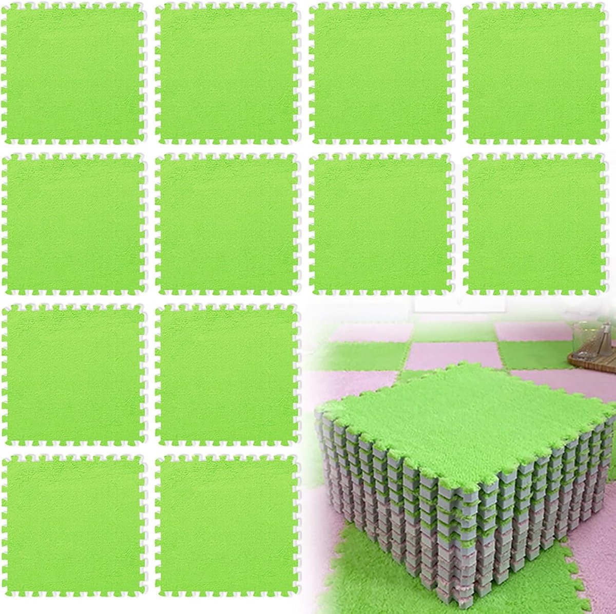 Schuimrubberen puzzelmatten 30 x 30 cm - Pluche en EVA-schuim - Neongroen - Perfect speelcomfort - ShopVlot