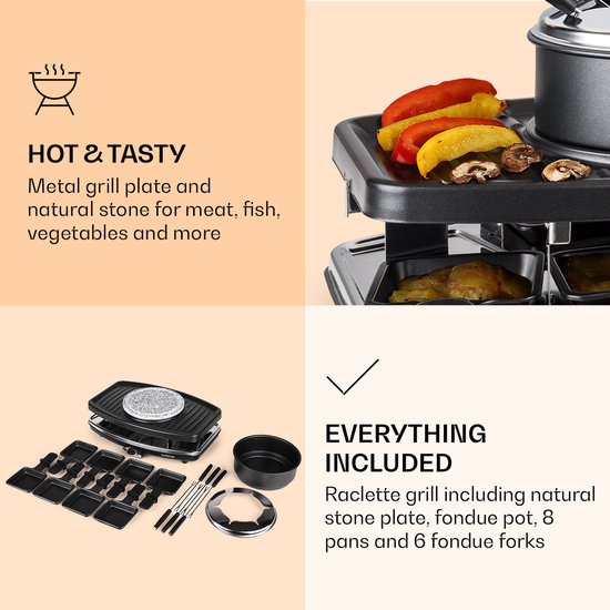 Klarstein 3 in 1 Raclette Fondue Kombi en Grill, 1100W Raclette Fondue Set met Steinplatte, Elektrischer Fondue Raclette Grill voor 8 Personen met 8 Pfännchen & Fonduegabeln, Raclette Gerät Elektrisch - geschikt voor thuisfitness en sportschoolgebrui — afbeelding 2