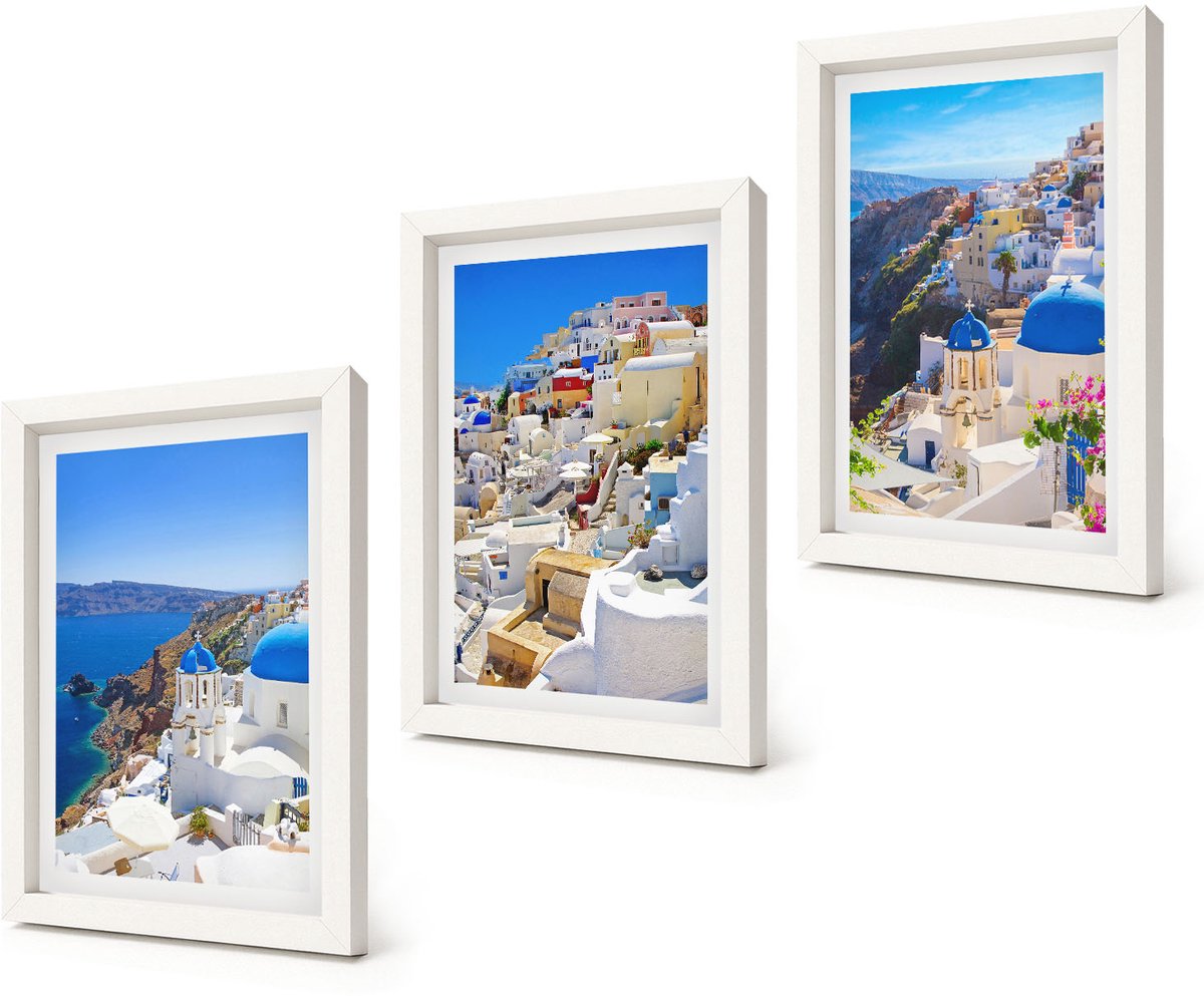 Coloray 3-Delige Schilderij Set - Landschapsarchitectuur en uitzichten op de stad Oia op Santorini, Griekenland - 20x30 - Decoratieve Schilderijen - Woonkamer - Interieur - Wanddecoratie