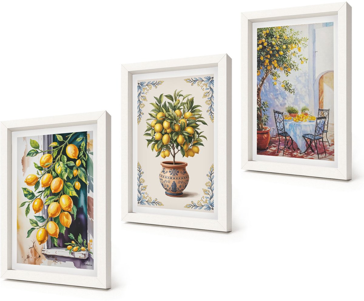 Coloray 3-Delige Schilderij Set - Citroenbomen en -fruit in een zonnig landschap - 20x30 - Moderne Wanddecoratie - Slaapkamer - Decoratieve Schilderijen