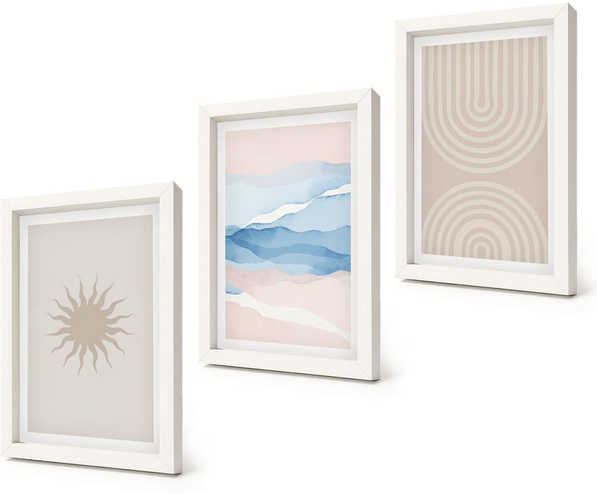 Coloray 3-Delige Schilderij Set - Zonnegolven en abstracte lijnen in pastelkleuren - 20x30 - Wanddecoratie - Moderne Interieurdecoratie - Muurdecoratie