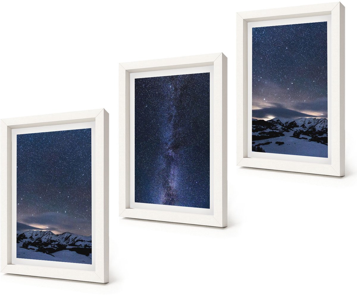 Coloray 3-Delige Schilderij Set - Nachtelijke hemel met sterren en berglandschap - 20x30 - Schilderijen Set - Wanddecoratie - Woonkamer - Decoratieve Schilderijen