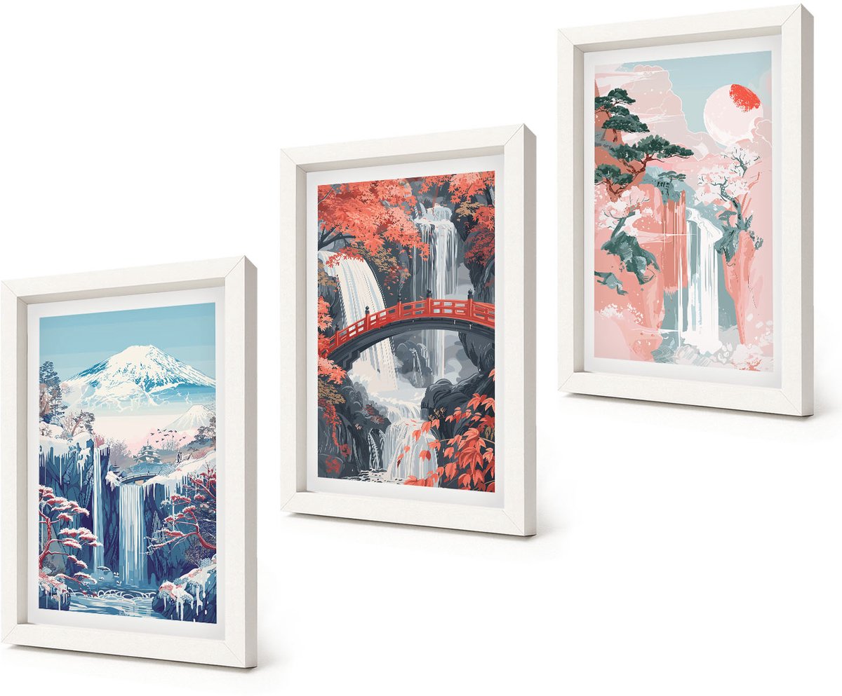 Coloray 3-Delige Schilderij Set - Watervallen, bergen met een brug en bloeiende bomen - 20x30 - Muurdecoratie - Decoratieve Schilderijen - Wohnzimmer - Interieur Decoratie