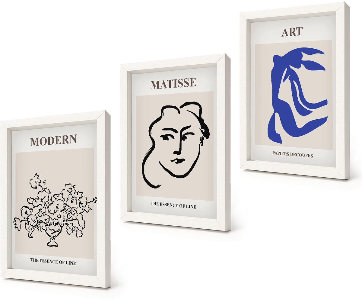 Coloray 3-Delige Schilderij Set - Abstracte posters in de minimalistische stijl van Henri Matisse. - 20x30 - Wanddecoratie - Muurdecoratie - Woonkamer - Woonkamer Decoratie