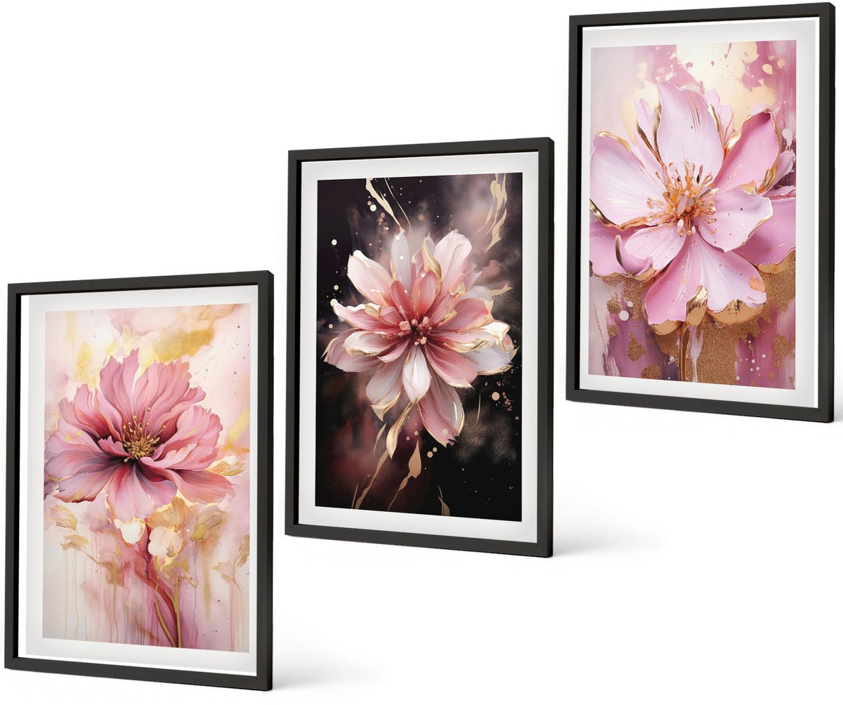 Coloray 3-Delige Schilderij Set - Bloemencomposities In Roze En Witte Tinten. - 40 x 60 cm - Wanddecoratie - Schilderijen Set - Interieur - Interieur Decoratie