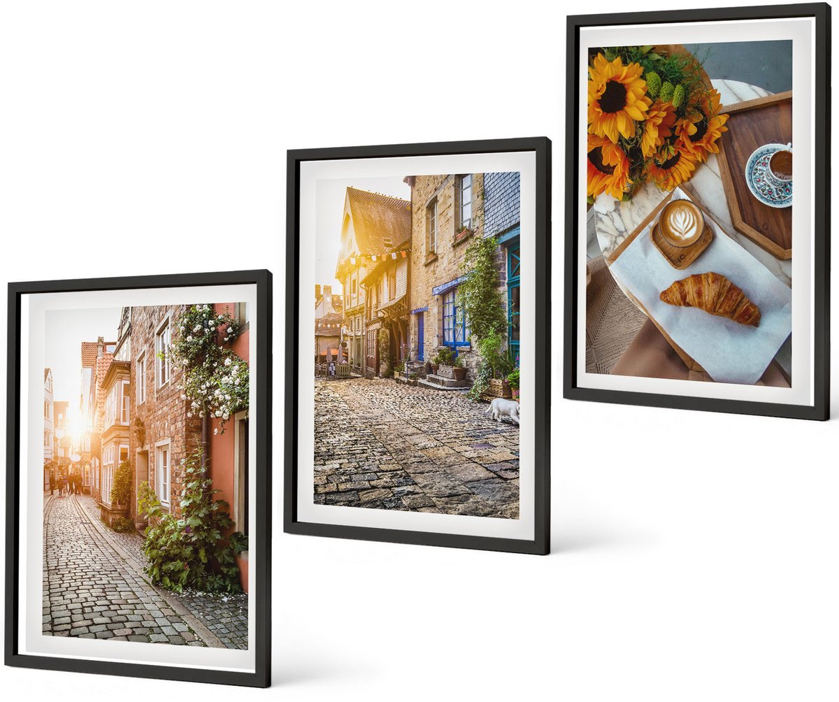 Coloray 3-Delige Schilderij Set - Sfeervolle Straatjes Met Koffie En Zonnebloemen - 40 x 60 cm - Decoratieve Schilderijen - Woonkamer - Interieur - Wanddecoratie