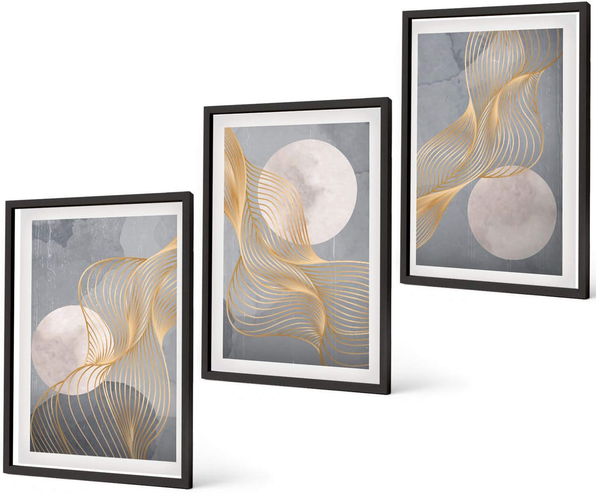 Coloray 3-Delige Schilderij Set - Abstracte Patronen Met Golven En Cirkels Op Een Grijze Achtergrond. - 40 x 60 cm - Wanddecoratie - Schilderijen Set - Interieur - Muurdecoratie