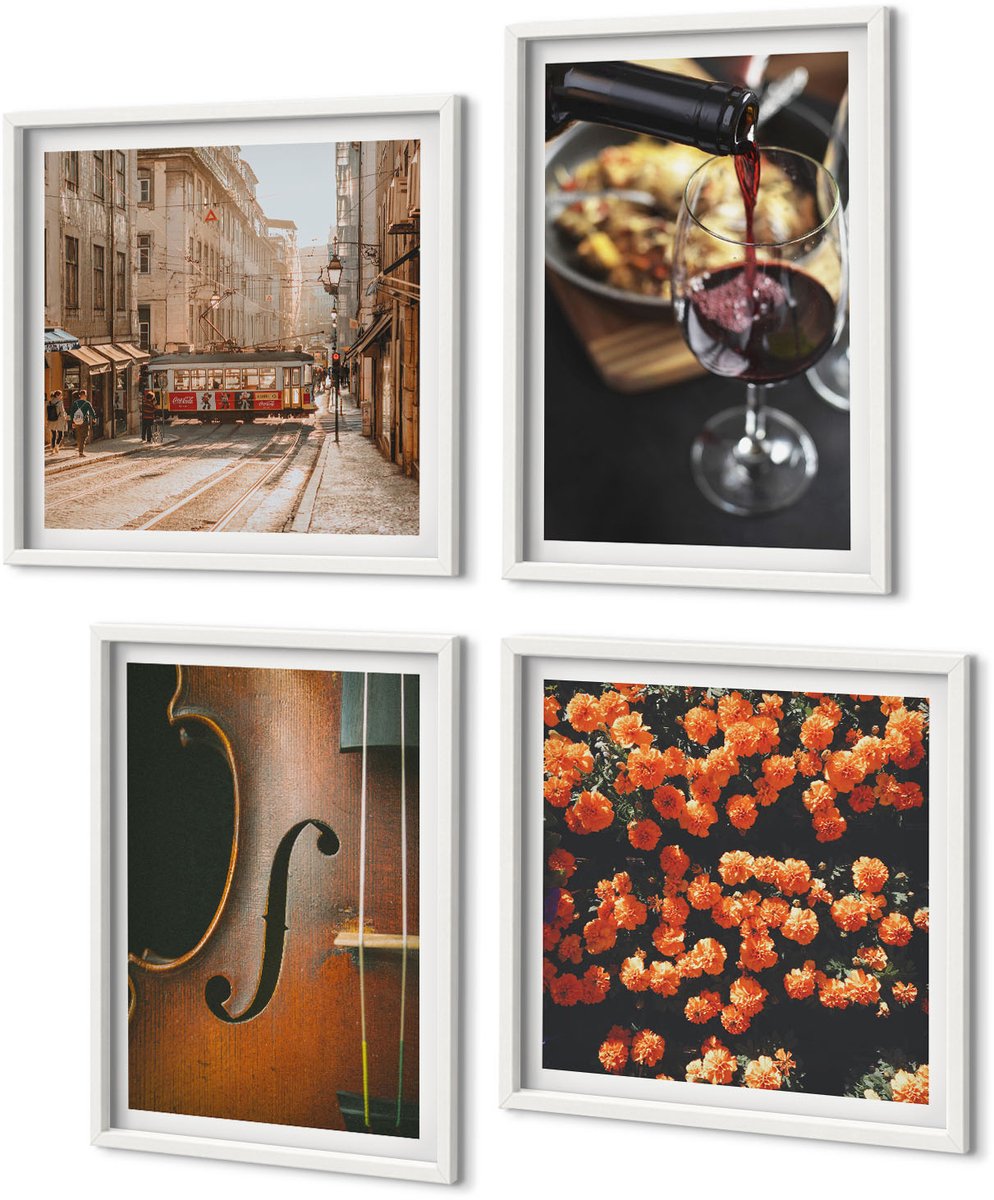 Coloray 4-Delige Schilderij Set - Vintage Romantische Bloemenstraat, Wijn En Viool - 40 x 40 En 40 x 60 - Wanddecoratie - Muurdecoratie - Woonkamer - Interieur Decoratie