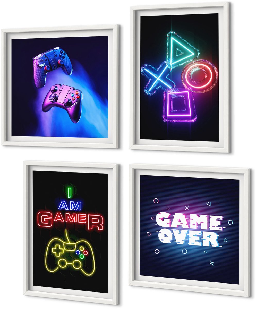 Coloray 4-Delige Schilderij Set - Gamepads Spelersinscripties Pictogrammen - 40 x 40 En 40 x 60 - Muurdecoratie - Schilderijen Set - Woonkamer - Wanddecoratie