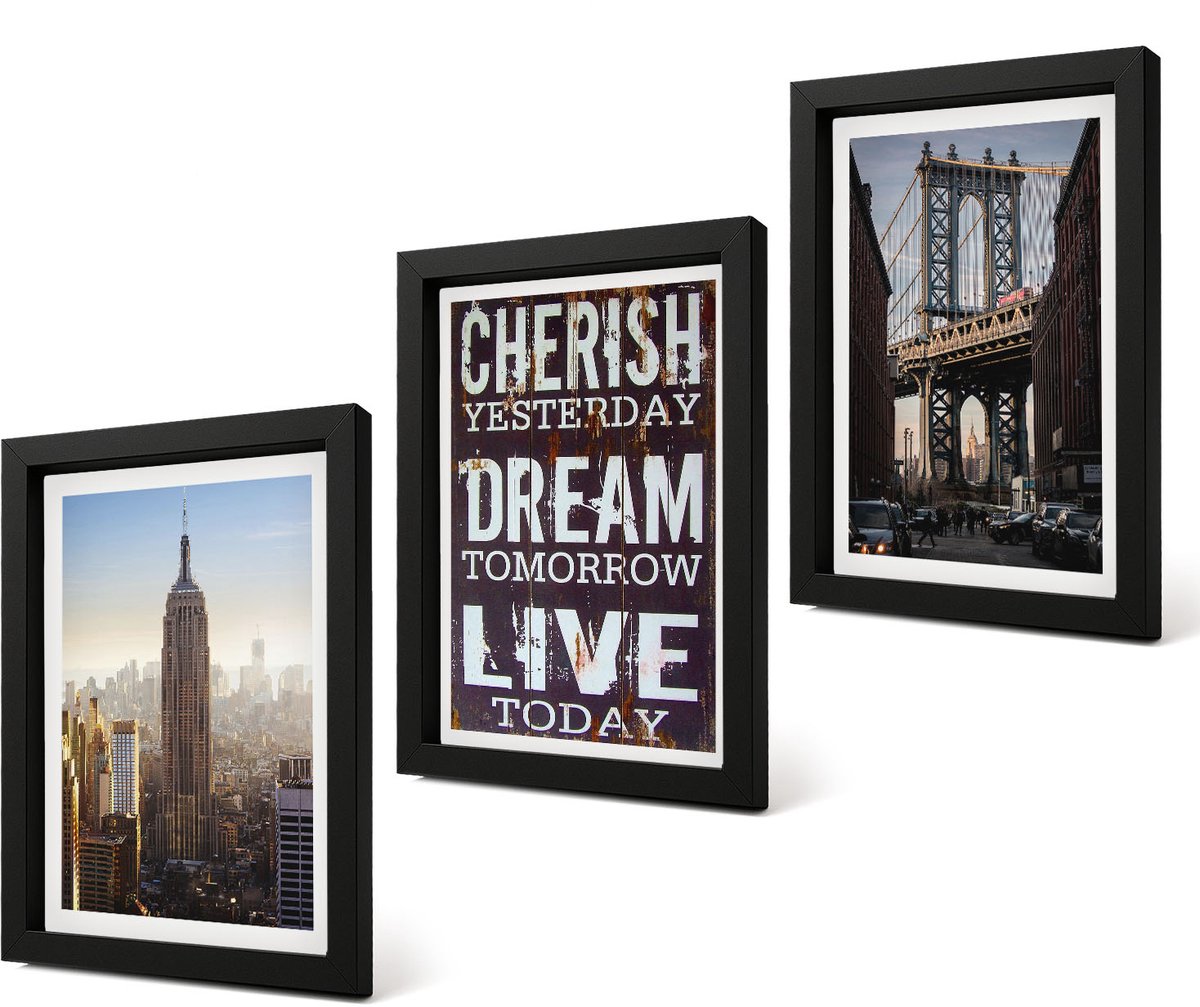 Coloray 4-Delige Schilderij Set - Landschappen van New York City met een inspirerend citaat - 20 x 30 cm - Muurdecoratie - Interieur Decoratie