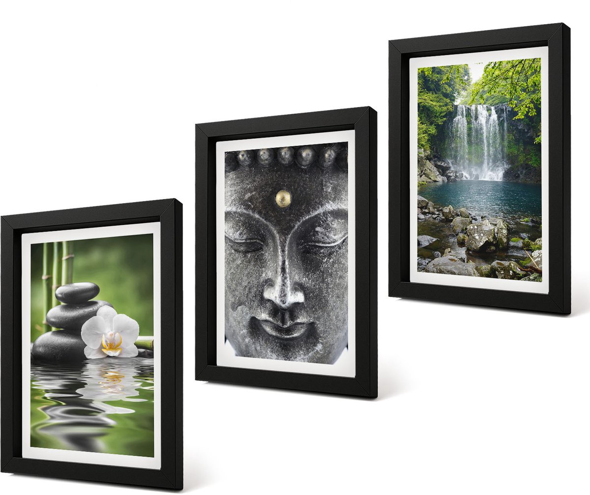 Coloray 4-Delige Schilderij Set - Harmonie van de natuur met stenen, water en Boeddha - 20 x 30 cm - Wanddecoratie - Schilderijen Set - Interieur - Muurdecoratie