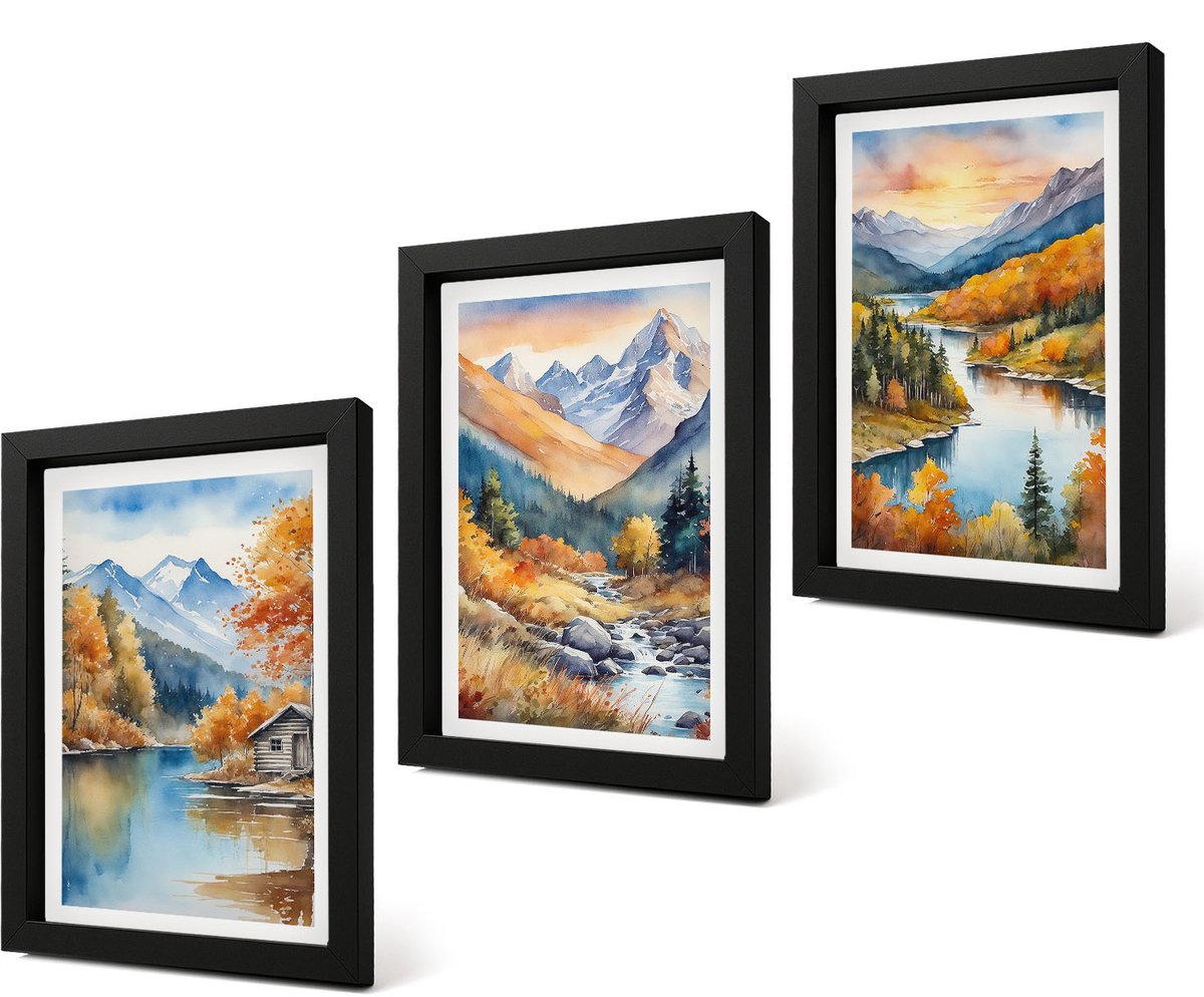 Coloray 4-Delige Schilderij Set - Berglandschap met een rivier en herfstbomen - 20 x 30 cm - Moderne Wanddecoratie - Woonkamer