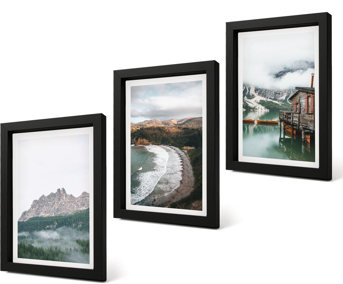 Coloray 4-Delige Schilderij Set - Berglandschap met een strand en een houten huis - 20 x 30 cm - Muurdecoratie - Schilderijen Set - Woonkamer - Stijlvolle Muurdecoratie