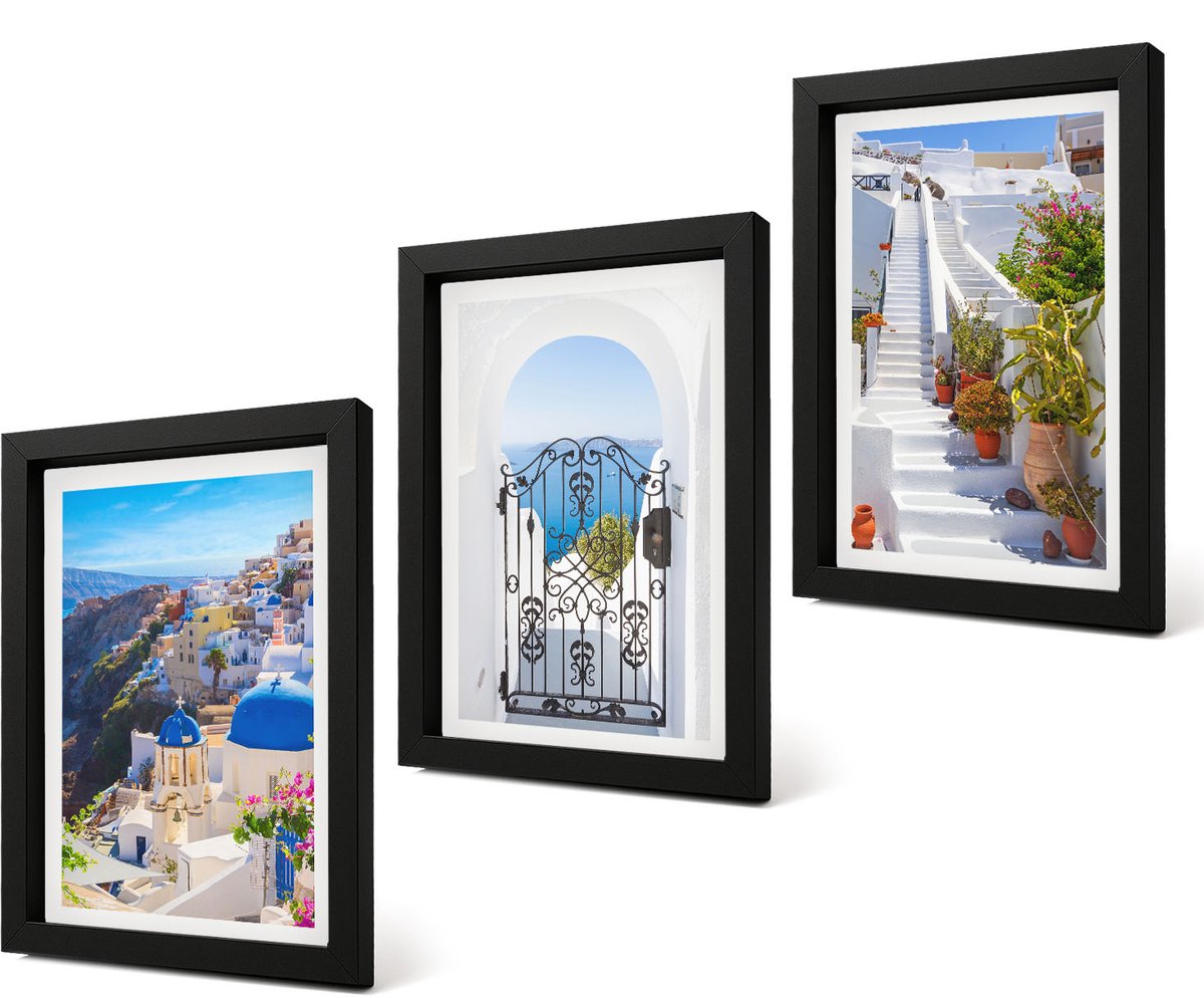 Coloray 4-Delige Schilderij Set - Uitzichten op Santorini en de Griekse architectuur van de stad Oia. - 20 x 30 cm - Muurdecoratie - Wanddecoratie - Slaapkamer - Moderne Wanddecoratie Zwarte lijst