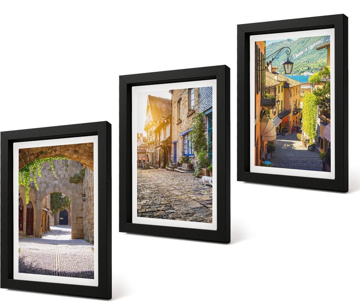Coloray 4-Delige Schilderij Set - Sfeervolle straatjes met stenen gebouwen en poorten. - 20 x 30 cm - Wanddecoratie - Schilderijen Set - Interieur - Woonkamer Decoratie