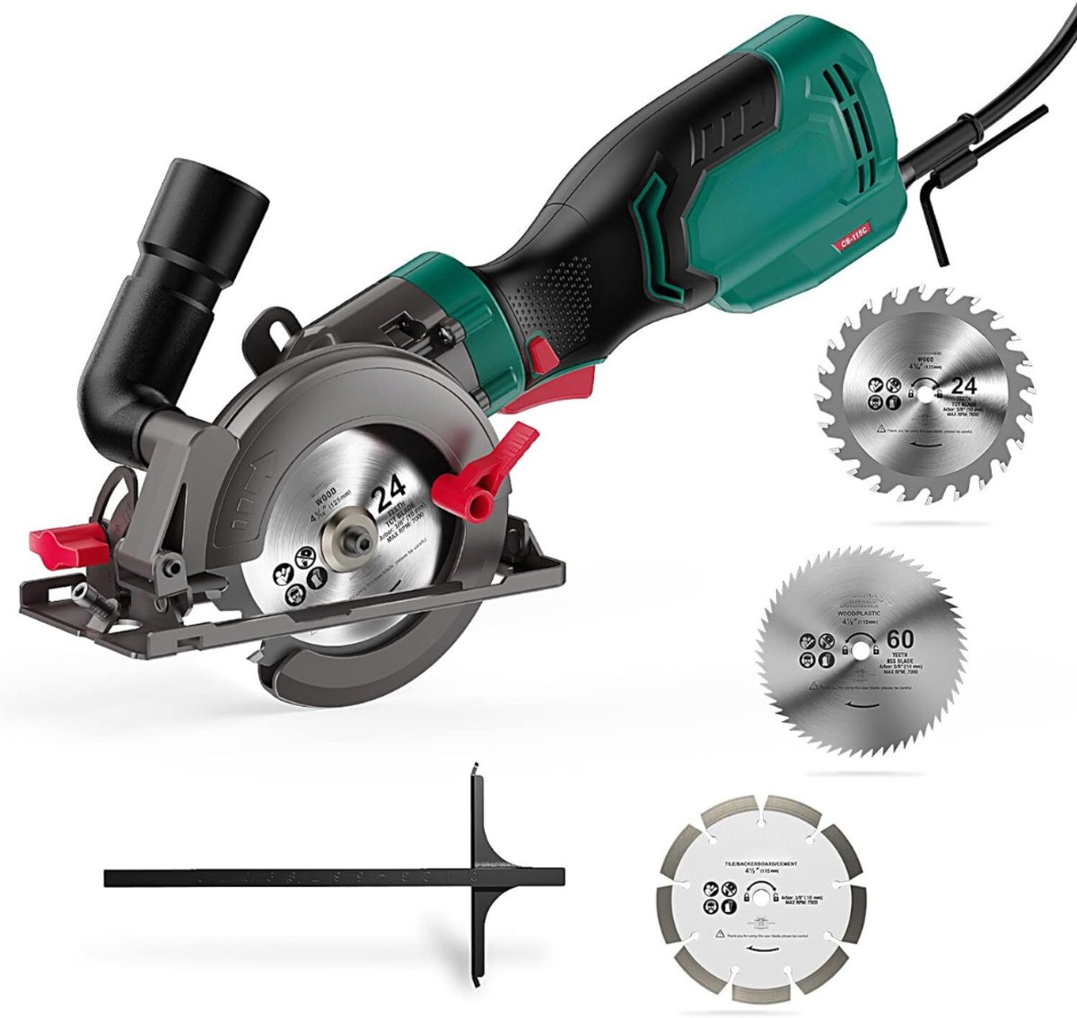 QUOVO® Krachtige Handcirkelzaag 750W met 6 Zaagbladen en Geleiderail - Groen - 13cm x 32cm x 42cm