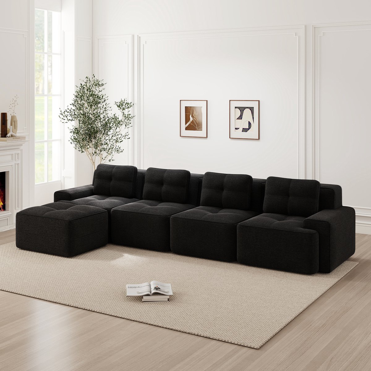 Modulaire L-vormige ribfluweel cloud bank - 4-zits met diepe 74 cm zit - Zwart - Kras- en huisdierbestendig ribfluweel - Montagevrij en antislip ontwerp - Vrij combineerbare modules