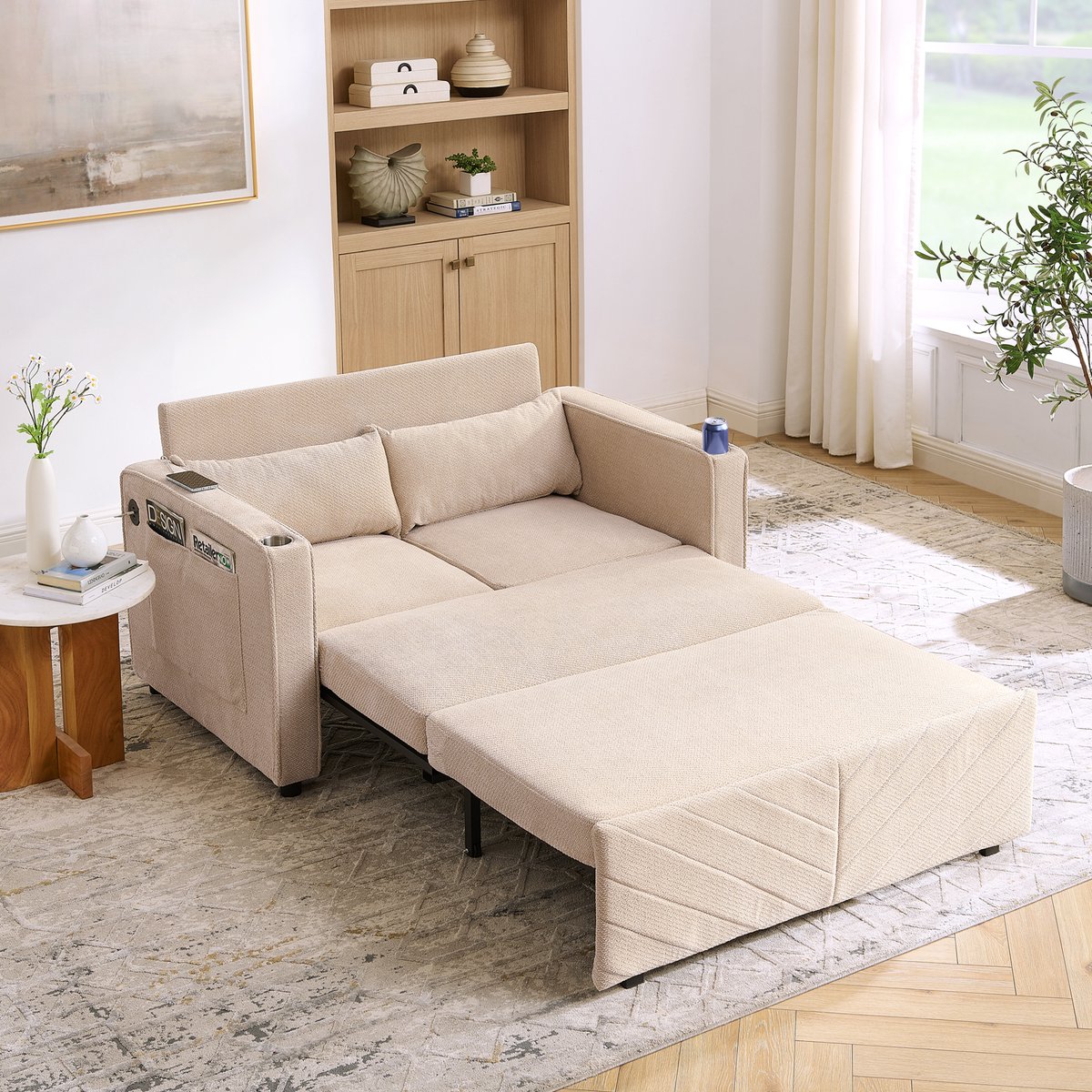 3-in-1 slaapbank - Geschikt voor woonkamer, logeer- en kantoorruimte - 2-persoons - Beige - Moeiteloze schuif-naar-bed transformatie - Ingebouwde USB-oplaadpoorten - Ergonomisch comfort, perfect voor dutjes