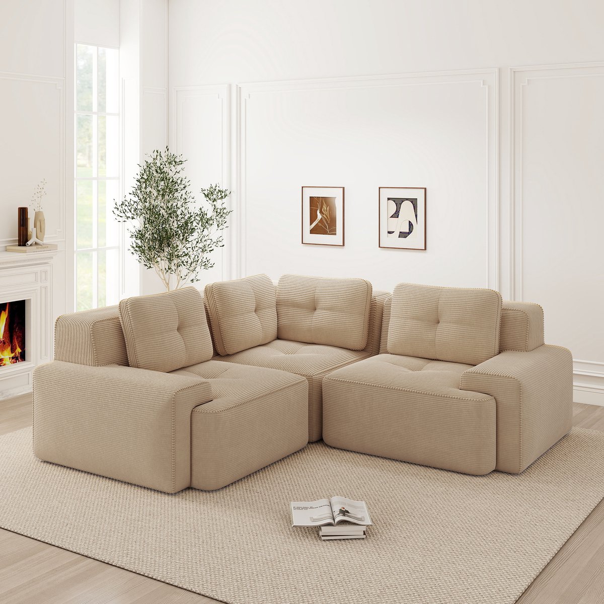 Frameloze modulaire bank - Geschikt voor woonkamer en kantoor - 3-4 persoons - Beige - Diepe zit 74 cm, geen montage - Antislip - Zachte corduroy stof