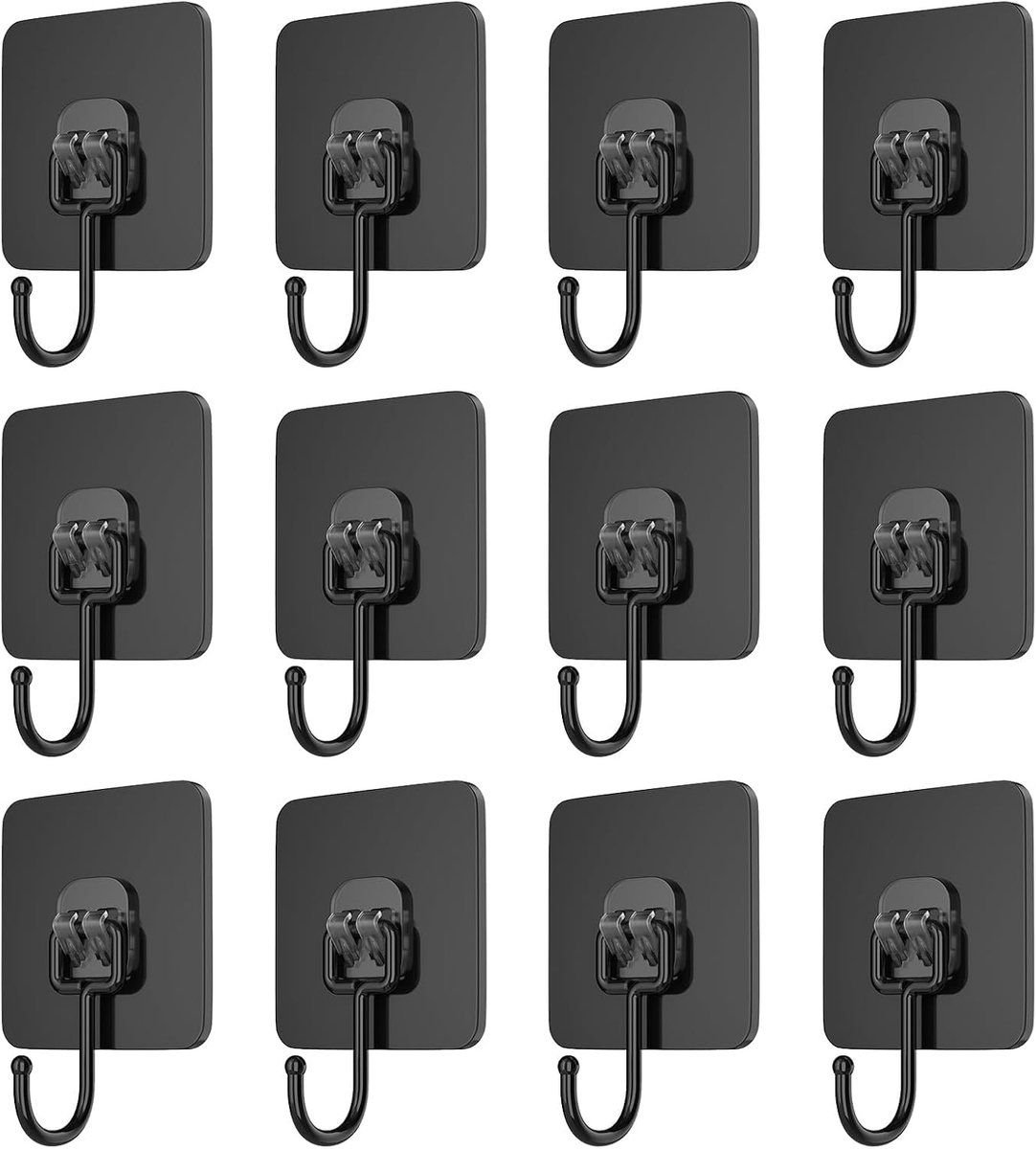 Pack of 12 Adhesive Hooks Black Self-Adhesive Hooks (30 kg Max) Extra Strong Waterproof and Glue Hooks for Bathroom - ShopVlot