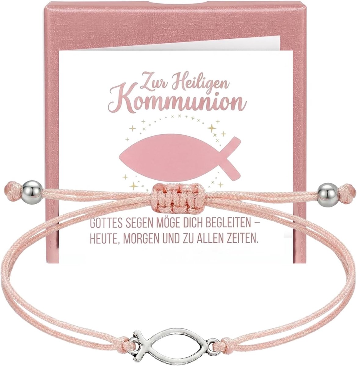 Communie-armband voor meisjes, cadeau voor de eerste communie, zacht vissymbool, verstelbaar, met roze doos en kaart - ShopVlot