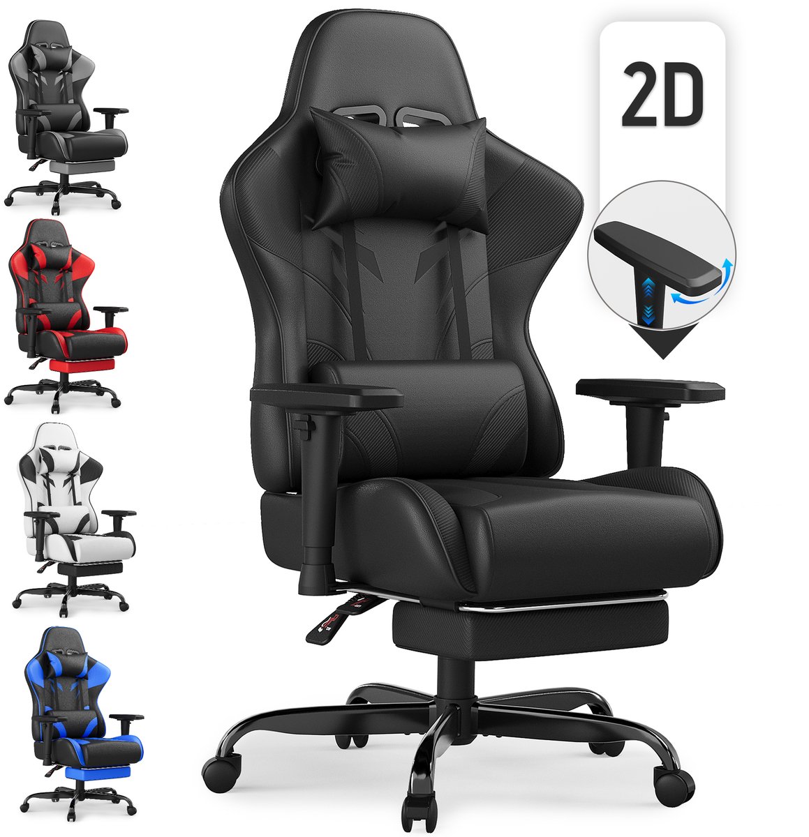 Ergonomische Bureaustoel – 2D Verstelbare Armleuningen – Rugleuning 90-135° – Voetensteun – 150 kg Draagvermogen – Stil Wielen – Zwart