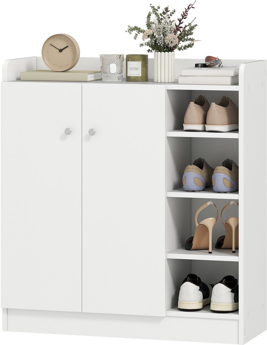 Schoenenkast smalle schoenenkast met 2 deuren - 83 x 30 x 90 cm - wit - 4 open vakken - voor 12 paar - verstelbare planken