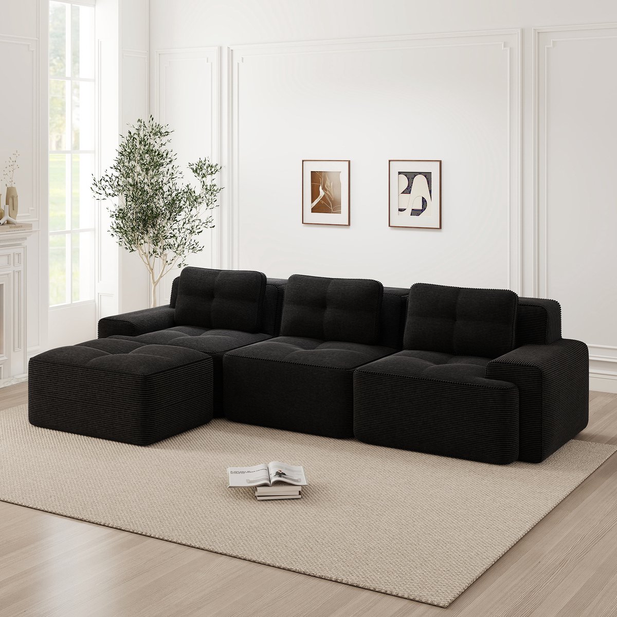Modulaire Hoekbank - 3 Zits Cloud Sofa Ribstof - Frameloze L Bank Met Voetenbank - 32D Schuim Diepe Zitbank Zonder Montage - Zachte Lounge Sofa Voor Woonkamer Slaapkamer - Antislip Design - Zwart